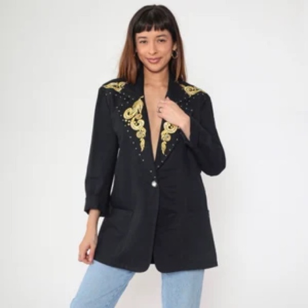 VERSAILLES Versace-Style Vintage Blazer with Gold Star Embroidery, Women’s Large